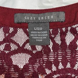 Suzy Shier Deep Red Lace Shoulder Blouse